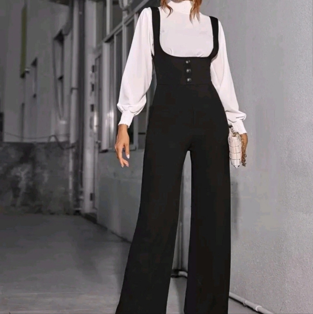 SHEIN Black High-Waist Wide-Leg Button-Front Jumpsuit